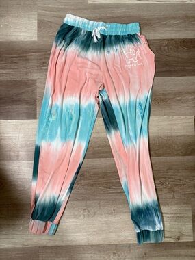 Puppie Love Tie-Dye Joggers - Coral, Teal & White